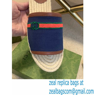Gucci Interlocking G and Web Embroidered Canvas Espadrilles Slides Dark Blue 2021 - Click Image to Close