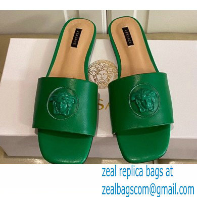 Versace La Medusa Leather Sliders Green 2021 - Click Image to Close