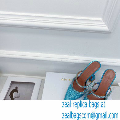 Amina Muaddi Heel 9.5cm Gilda Pointed Toe Mules Glitter Blue - Click Image to Close