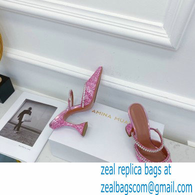 Amina Muaddi Heel 9.5cm Gilda Pointed Toe Mules Glitter Pink - Click Image to Close