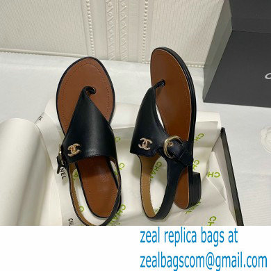 Chanel CC Logo Calfskin Thong Sandals G37417 Black 2021