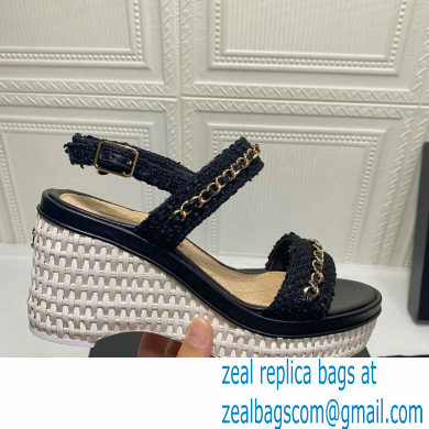 Chanel Chain Wedge Sandals Tweed Black 2021