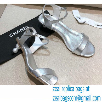 Chanel Pearl Heel Sandals Leather Silver 2021 - Click Image to Close
