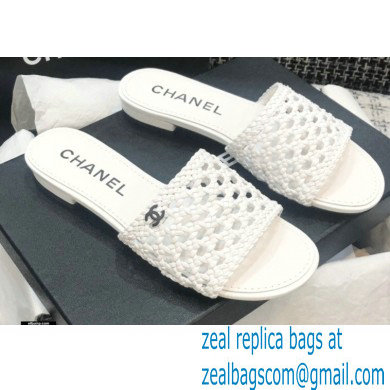 Chanel Shiny Braided Goatskin Flat Mules G37405 White 2021
