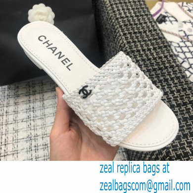 Chanel Shiny Braided Goatskin Flat Mules G37405 White 2021