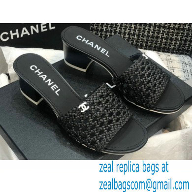 Chanel Shiny Braided Goatskin Heel Mules G37405 Black 2021