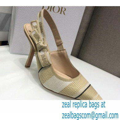 Dior Heel 9.5cm J'Adior Slingback Pumps Beige Embroidered Cotton with Stripes Motif 2021 - Click Image to Close