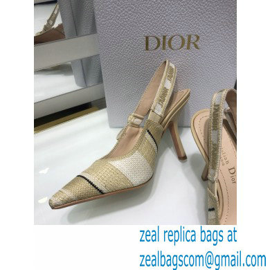 Dior Heel 9.5cm J'Adior Slingback Pumps Beige Embroidered Cotton with Stripes Motif 2021 - Click Image to Close