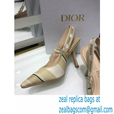 Dior Heel 9.5cm J'Adior Slingback Pumps Beige Embroidered Cotton with Stripes Motif 2021