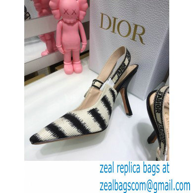 Dior Heel 9.5cm J'Adior Slingback Pumps D-Stripes Embroidered Cotton Black 2021 - Click Image to Close