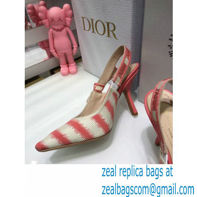 Dior Heel 9.5cm J'Adior Slingback Pumps D-Stripes Embroidered Cotton Pink 2021 - Click Image to Close