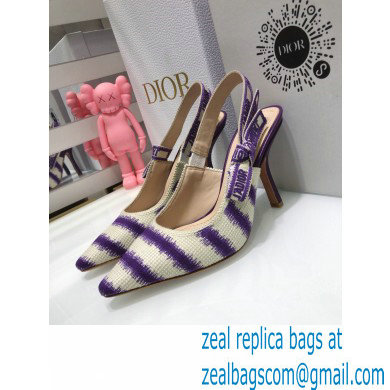 Dior Heel 9.5cm J'Adior Slingback Pumps D-Stripes Embroidered Cotton Purple 2021 - Click Image to Close