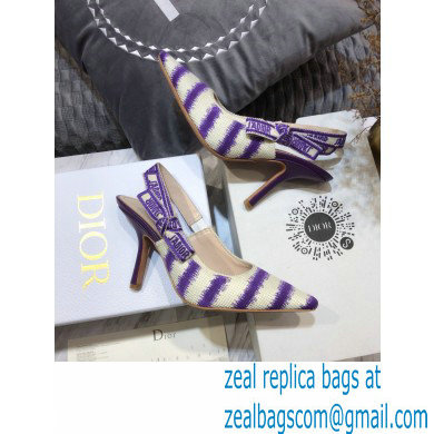 Dior Heel 9.5cm J'Adior Slingback Pumps D-Stripes Embroidered Cotton Purple 2021 - Click Image to Close