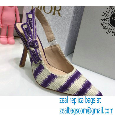 Dior Heel 9.5cm J'Adior Slingback Pumps D-Stripes Embroidered Cotton Purple 2021 - Click Image to Close