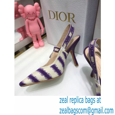 Dior Heel 9.5cm J'Adior Slingback Pumps D-Stripes Embroidered Cotton Purple 2021