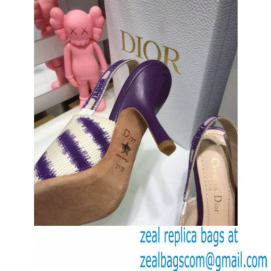 Dior Heel 9.5cm J'Adior Slingback Pumps D-Stripes Embroidered Cotton Purple 2021