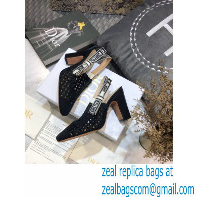 Dior Heel 9.5cm Moi Slingback Pumps Cannage Embroidered Mesh Black 2021