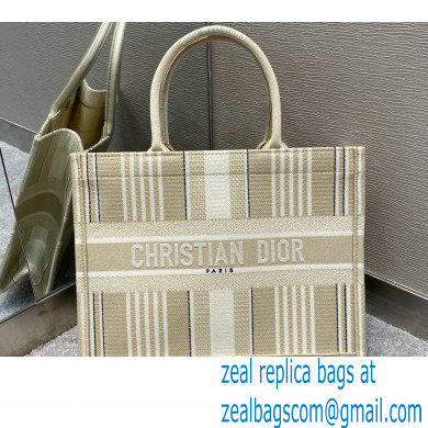 Dior Small Book Tote Bag in Stripes Embroidery Beige 2021