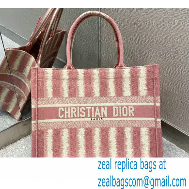 Dior Small Book Tote Bag in Stripes Embroidery Pink 2021