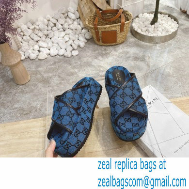 Gucci Heel 5.5cm Platform 4cm Criss-cross Straps GG Slide Sandals Canvas Blue 2021