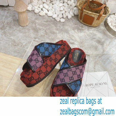 Gucci Heel 5.5cm Platform 4cm Criss-cross Straps GG Slide Sandals Canvas Multicolor 2021