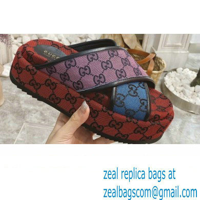 Gucci Heel 5.5cm Platform 4cm Criss-cross Straps GG Slide Sandals Canvas Multicolor 2021