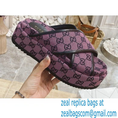 Gucci Heel 5.5cm Platform 4cm Criss-cross Straps GG Slide Sandals Canvas Pink 2021