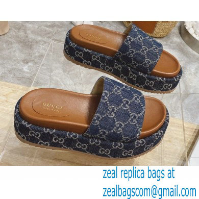 Gucci Heel 5.5cm Platform 4cm GG Slide Sandals Washed Denim Blue 2021 - Click Image to Close