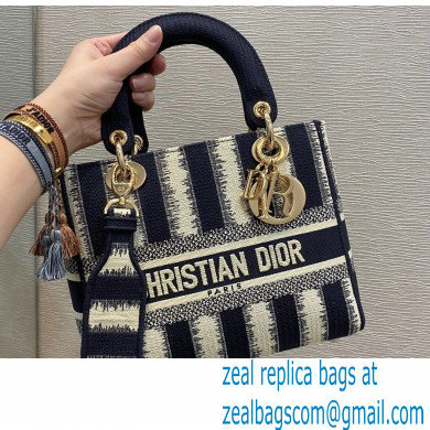 Lady Dior Medium D-Lite Bag in D-Stripes Embroidery Dark Blue 2021