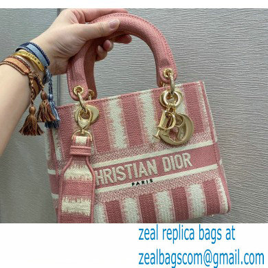 Lady Dior Medium D-Lite Bag in D-Stripes Embroidery Pink 2021