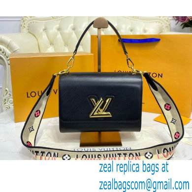 Louis Vuitton Epi Leather Twist MM Bag M57505 Black with Embroidered Logo Wide Strap 2021 - Click Image to Close