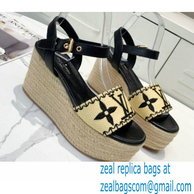 Louis Vuitton Heel 10cm Platform 6cm Boundary Wedge Sandals Black Embroidered Raffia 2021