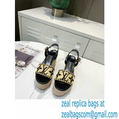 Louis Vuitton Heel 10cm Platform 6cm Boundary Wedge Sandals Black Embroidered Raffia 2021