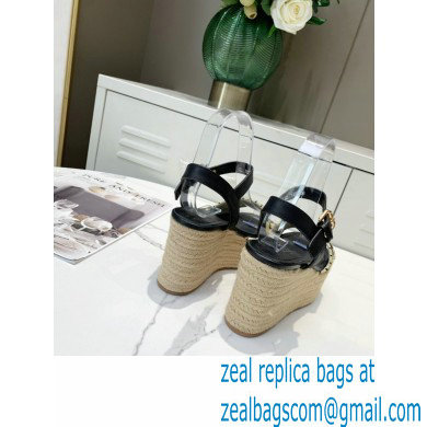 Louis Vuitton Heel 10cm Platform 6cm Boundary Wedge Sandals Black Embroidered Raffia 2021