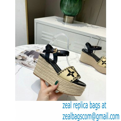 Louis Vuitton Heel 10cm Platform 6cm Boundary Wedge Sandals Black Embroidered Raffia 2021