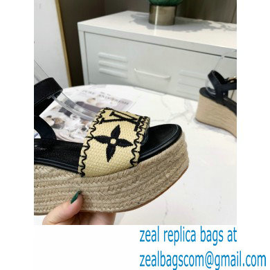 Louis Vuitton Heel 10cm Platform 6cm Boundary Wedge Sandals Black Embroidered Raffia 2021