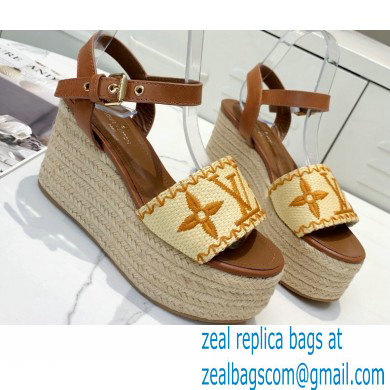 Louis Vuitton Heel 10cm Platform 6cm Boundary Wedge Sandals Brown Embroidered Raffia 2021