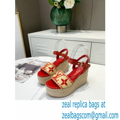 Louis Vuitton Heel 10cm Platform 6cm Boundary Wedge Sandals Red Embroidered Raffia 2021