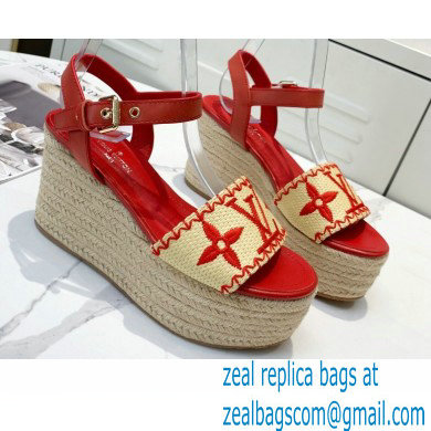 Louis Vuitton Heel 10cm Platform 6cm Boundary Wedge Sandals Red Embroidered Raffia 2021 - Click Image to Close