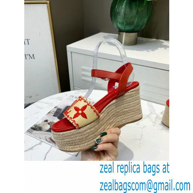 Louis Vuitton Heel 10cm Platform 6cm Boundary Wedge Sandals Red Embroidered Raffia 2021