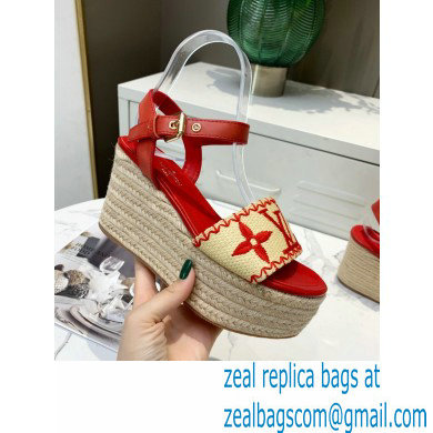 Louis Vuitton Heel 10cm Platform 6cm Boundary Wedge Sandals Red Embroidered Raffia 2021 - Click Image to Close