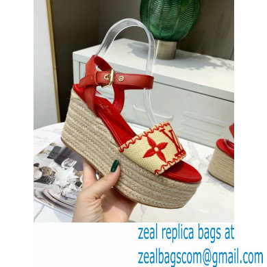 Louis Vuitton Heel 10cm Platform 6cm Boundary Wedge Sandals Red Embroidered Raffia 2021