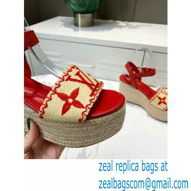 Louis Vuitton Heel 10cm Platform 6cm Boundary Wedge Sandals Red Embroidered Raffia 2021