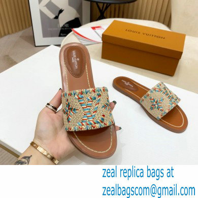 Louis Vuitton Lock It Flat Mules Embroidered Raffia 05 2021 - Click Image to Close