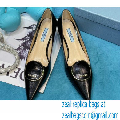 Prada Heel 5.5cm Round Metal Leather Pumps Black 2021