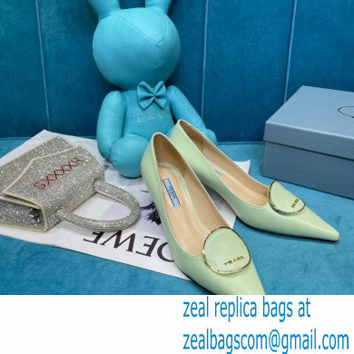 Prada Heel 5.5cm Round Metal Leather Pumps Pale Green 2021