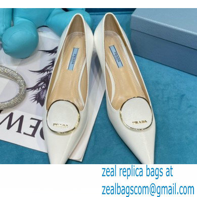 Prada Heel 5.5cm Round Metal Leather Pumps White 2021