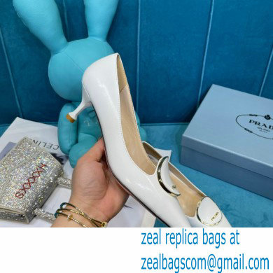 Prada Heel 5.5cm Round Metal Leather Pumps White 2021