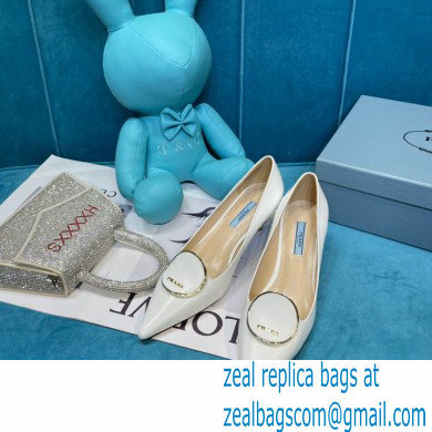 Prada Heel 5.5cm Round Metal Leather Pumps White 2021