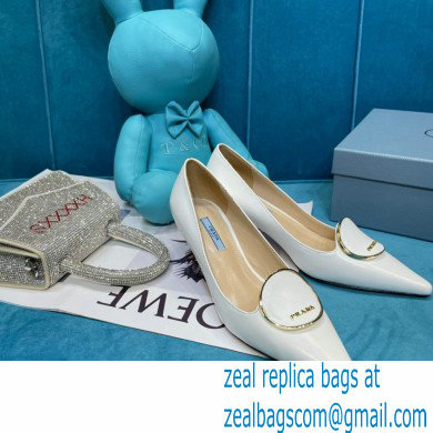 Prada Heel 5.5cm Round Metal Leather Pumps White 2021